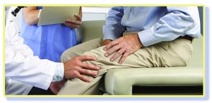 doctor treating knee pain from repetitive overuse - body injury concept for chiropractor practice